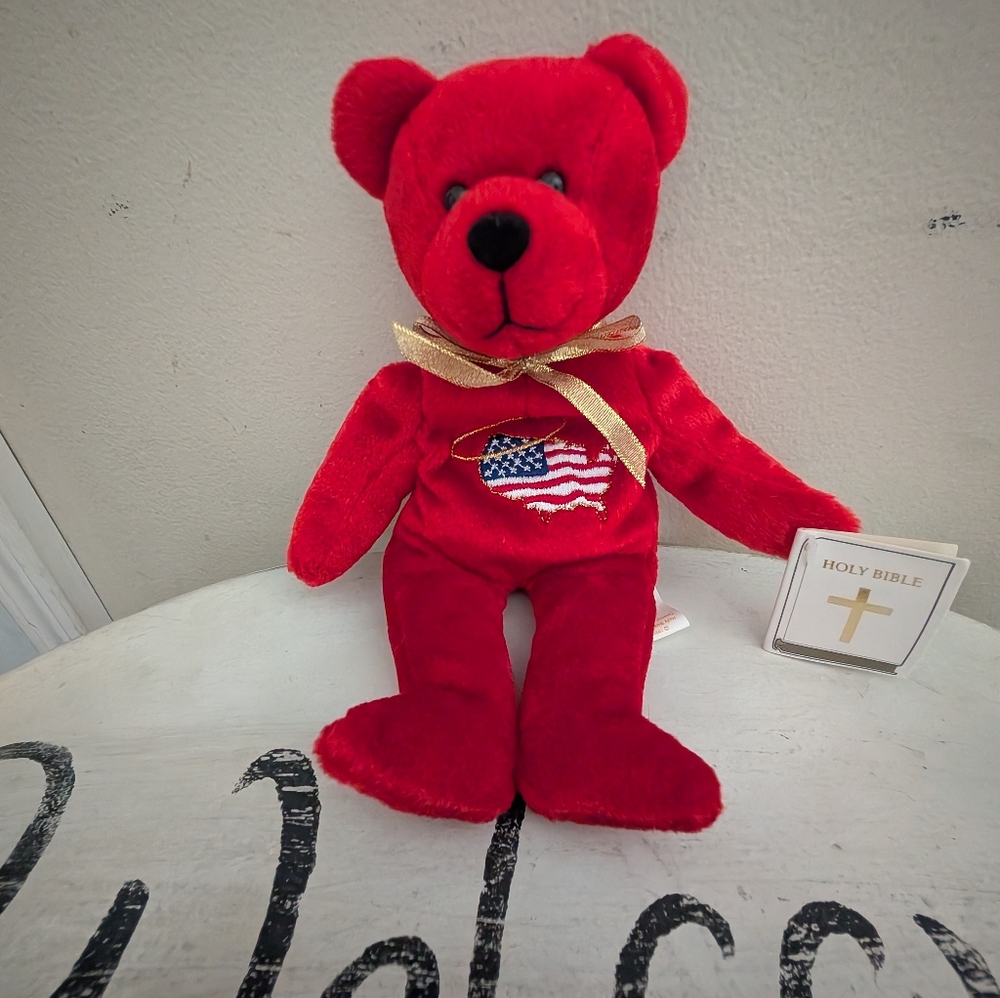 Red Ty Beanie Baby with American Flag and Gold Ribbon